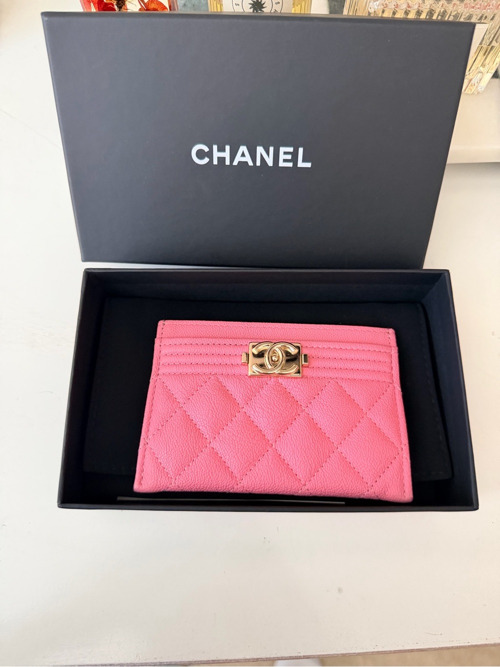 CHANEL Pink Quilted Card Holder with Gold CC Hardware